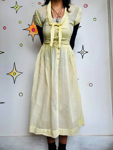 Vintage 1950s Pastel Yellow Fit & Flare Day Dress - Semi-Sheer - Size Small