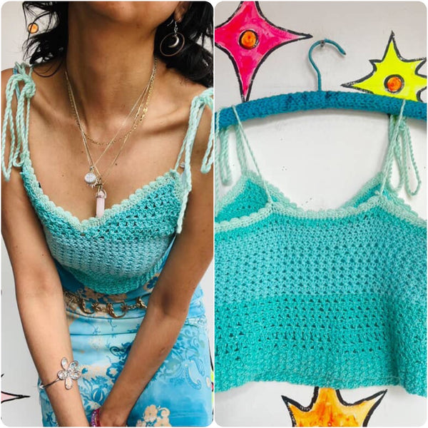 Vintage Handmade | Pastel Blue Crochet Coquette Fairy Babydoll Cami Crop Top | S