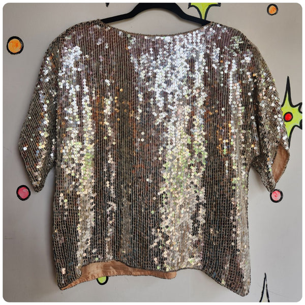 Vintage 70s 80s | Silver Sequin Silk Beaded Disco Flapper Blouse Top | M