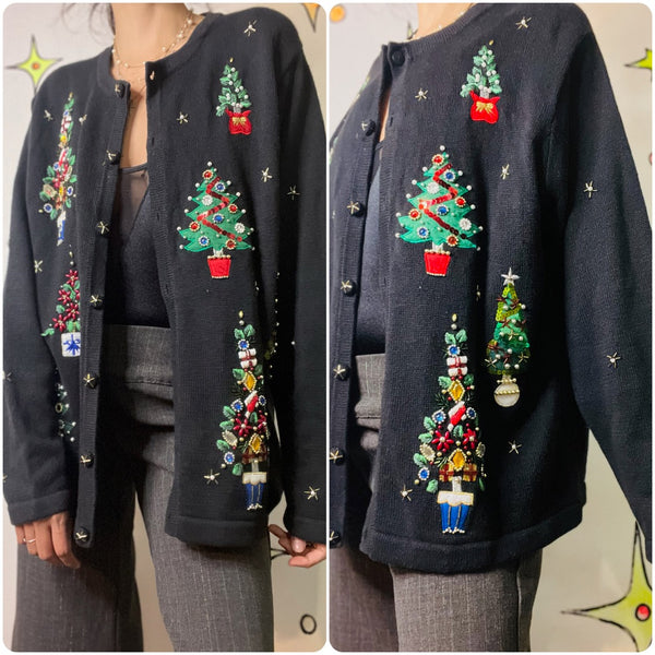 Vintage Embellished 80s 90s Black Ugly Tacky Christmas Sweater Cardigan – XL
