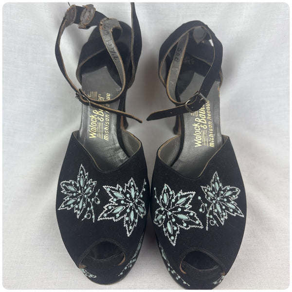 Vintage 1940s Black Embellished Peeptoe Platform Heels Designer Shoes - 7 - 7.5