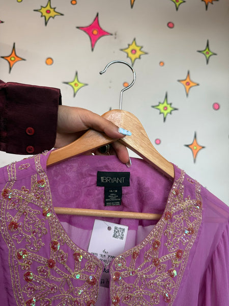Beaded Silk Blouse Purple Gold Boho Sheer Witchy Luxe Embellished Silk Top 2X