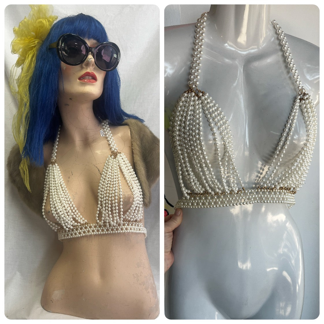 Y2K | Faux Pearl Beaded Gold Chainmail Backless Halter Top Fairycore | One Size