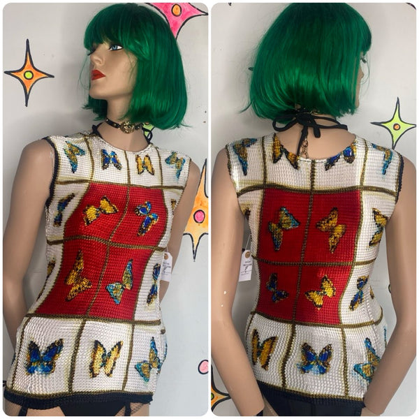 90s Butterfly Popcorn Top Boho Fairy Grunge Stretchy Y2K Crinkle Shirt Free Size