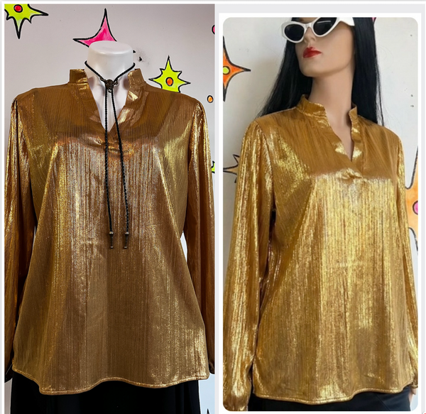 Vintage Y2K Golden Metallic Long Sleeve Blouse | Glam Disco Party Top – XL