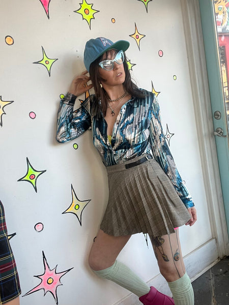Vintage Abstract Teal Pleated Button Up | Y2K Fairy Grunge Wearable Art – M
