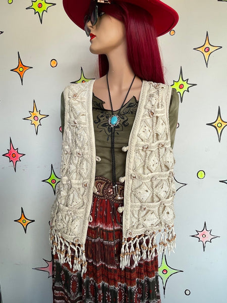 Vintage 80s 90s Off-White Silk Crochet Fringe Beaded Western Boho Vest M