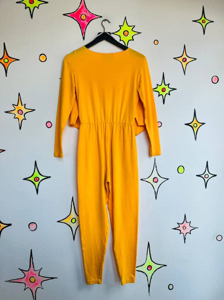 Vintage 80s Bright Yellow Studded Zip-Up Jumpsuit | One Piece Party Outfit | M