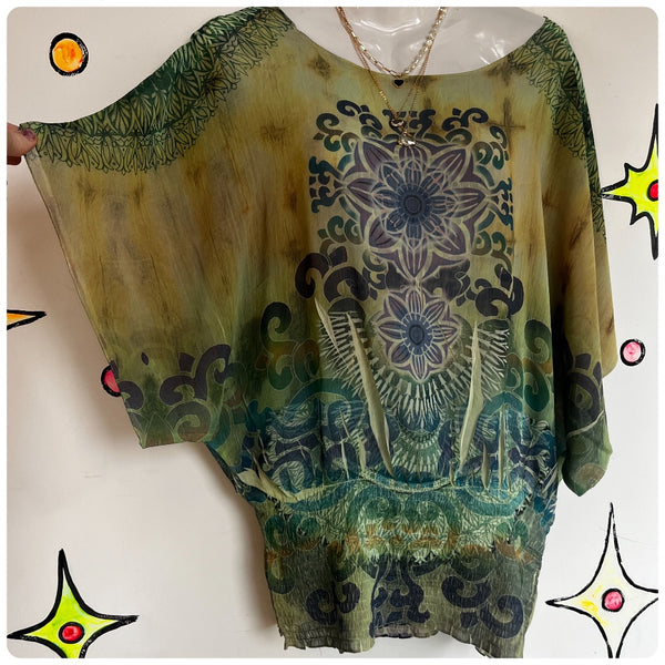 Vintage Y2K | McBling Sheer Tattoo Print Grunge Emo Indie Sleaze Fairy Top | XL