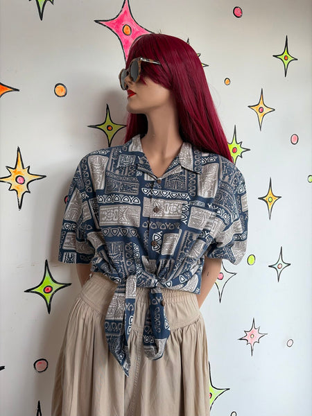 Blue & Khaki Hawaiian Souvenir Tiki Aloha Party Shirt Oversized Boxy Cotton M