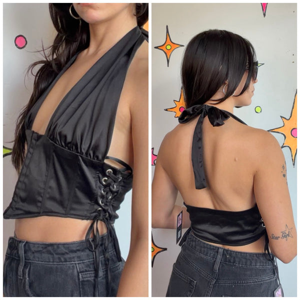 Y2K Black Lace Halter Corset Top Bustier Mall Goth Cyber Grunge Vamp S/M