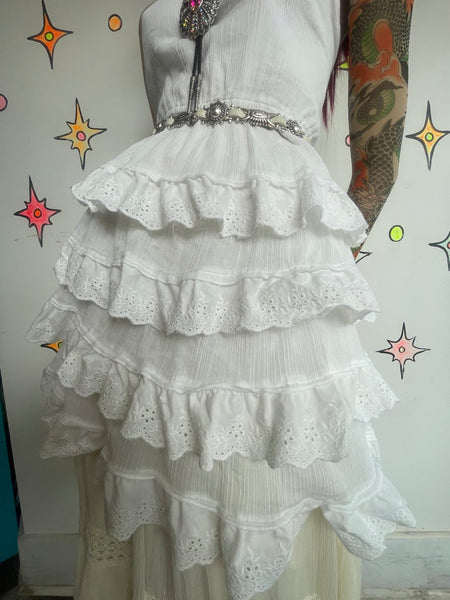 White Ruffle Babydoll Cotton Dress Western Whimsy Fairy Dollcore Coquette L