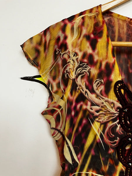 Vintage Y2K Affliction-Style Boho Grunge Fairy Tattoo Tee Crochet Embellished S