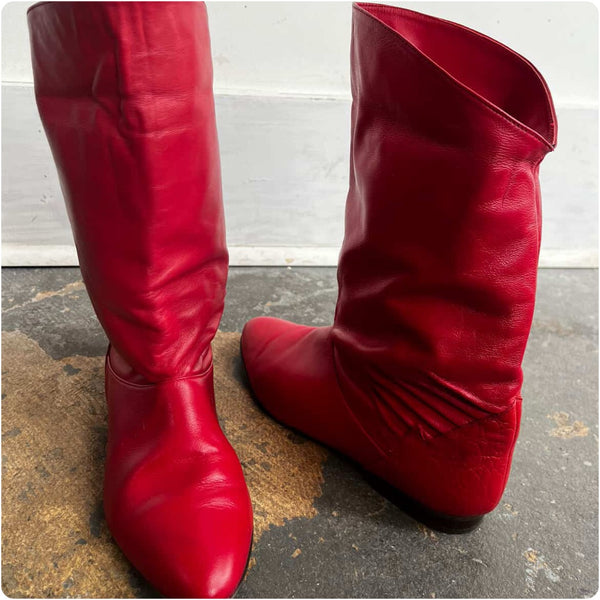 Vintage 80s Cherry Red Fold-Over Cuff Pirate Leather Boots | Rocker Glam | 6.5