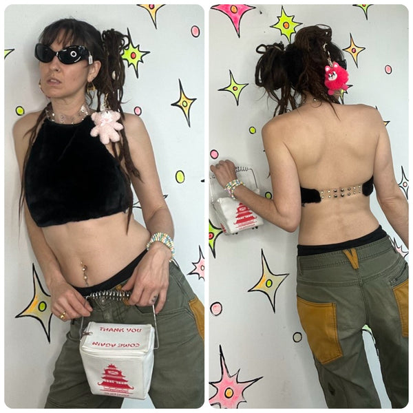 Y2K Dolls Kill Fuzzy Halter Crop Top ' Mall Goth Rave Vegan Fur - Free Size