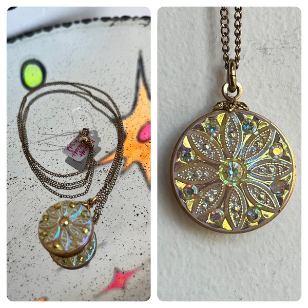 Vintage Rare Castlecraft Gold Iridescent Glass Necklace 10k Costume Jewelry