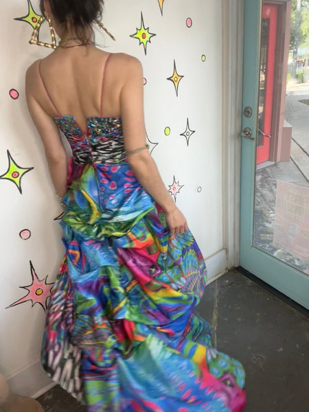 Y2K Bejeweled Peacock Prom Dress Maximalist Rainbow Hi-Low Glam Gown S