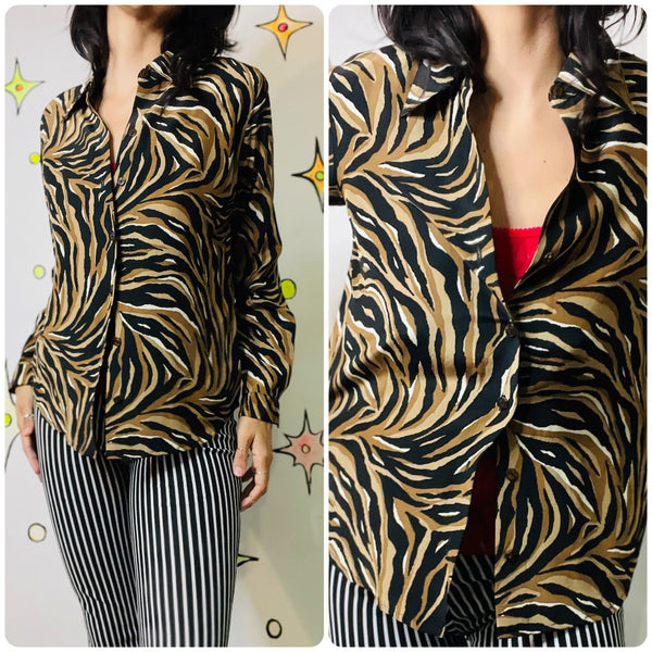 90s Liz Claiborne Silk Animal Print Tiger Stripe Long Sleeve Glam Blouse - Small