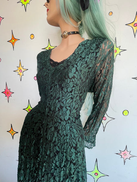 Vintage 90s Green Gauzy Lace Goth Dress Whimsy Goth Witchy Boho L