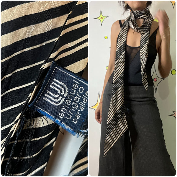 Vintage 80s Emanuel Ungaro Parallèle Black Silk Striped Long Scarf 40"