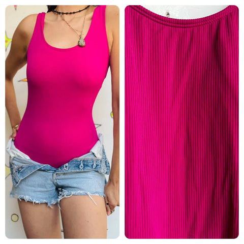80s/90s Hot Pink Ribbed High-Cut Disco Bodysuit or Swimsuit Catalina - Size 4/6