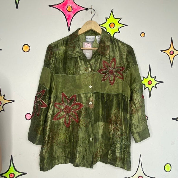Vintage 90s Silk Crinkle Patchwork Beaded Fairy Boho Blouse Alfred Dunner M/L