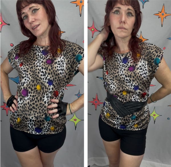 80s Leopard Print Pop Art Top Colorful Dots Avant Garde Kitsch Maximalist M
