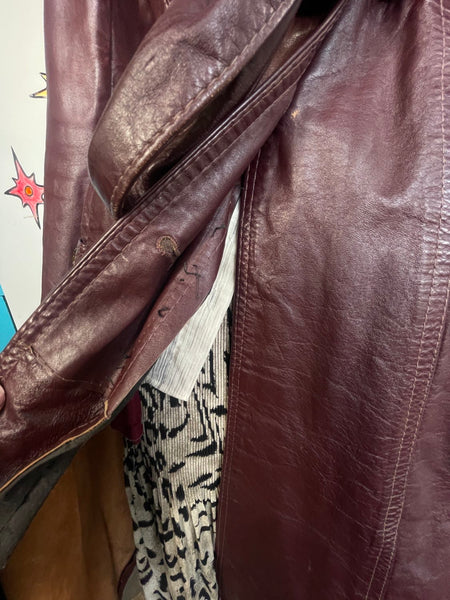 Vintage 70s Cherry Brown Leather Trench Coat Boho Grunge As-Is Distressed M/L