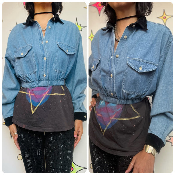 90s Grunge Denim Crop Top | Velvet Collar & Cuffs | Long Sleeve Button-Up (S)