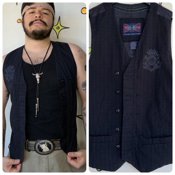 Y2K Tattoo Print Pinstripe Vest Goth Dark Academia Indie Sleaze Button Up – S