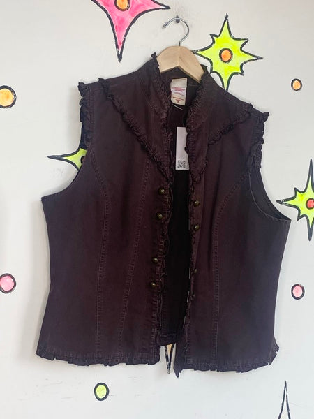 Brown Ruffled Denim Military Vest Y2K Boho Utility Grunge Layering Top - 16