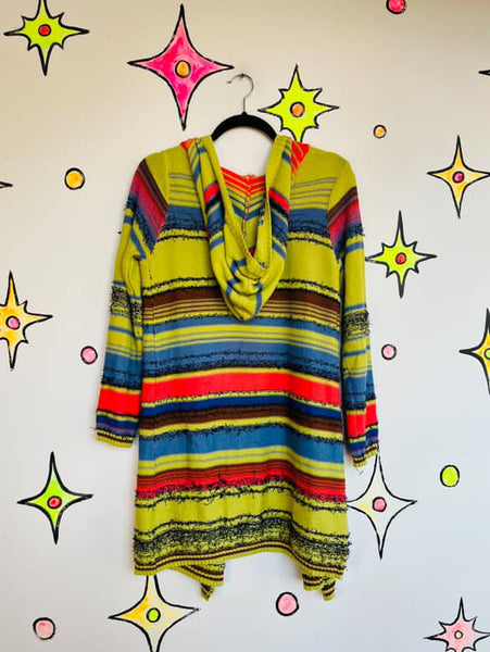 Y2K Rainbow Striped Hooded Cardigan Southwestern Boho Fairy Grunge Sweater – M/L