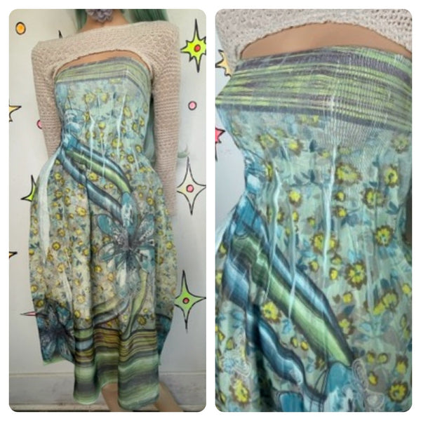 Vintage Y2K Teal Aqua Mermaid Fairy Tattoo Print Glam Whimsy Grunge Dress S