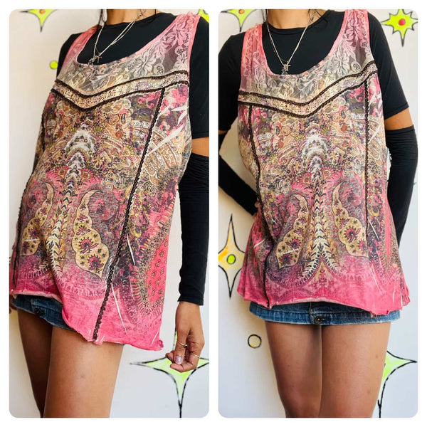 Y2K Tattoo Print McBling Embellished Tank Indie Sleaze Lace Fairy Grunge Top XL