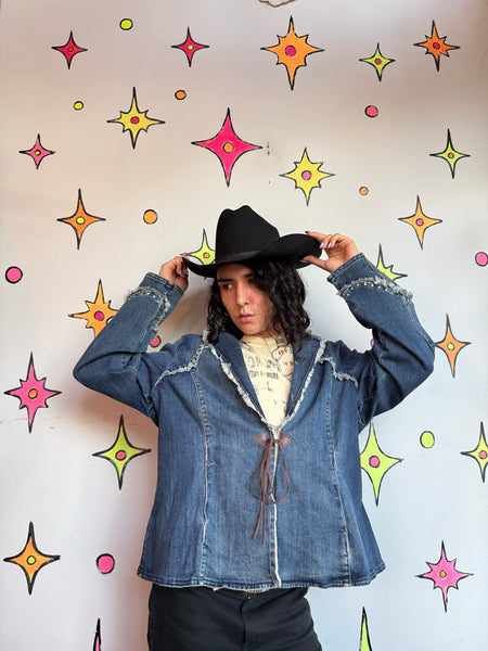 Studded Denim Western Blazer | Frayed Cowgirl Rodeo Jacket Oversized XL