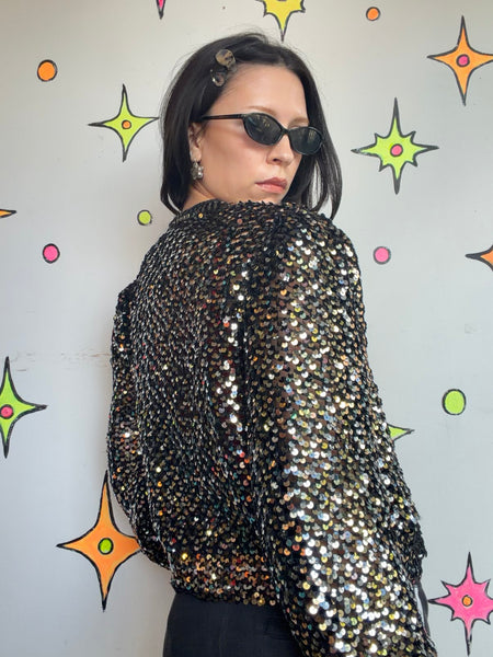 Vintage 70s Gold Silver Disco Bomber Jacket Metallic Retro Party Jacket | S M