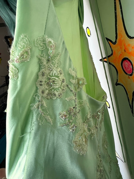 Y2K Pastel Green Satin Beaded Formal Gown Niki Livas Fairycore Prom S