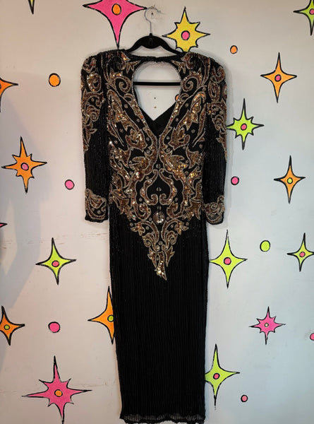80s Black & Gold Beaded Silk Gown Fringe High Slit Old Money Mob Wife Glam S