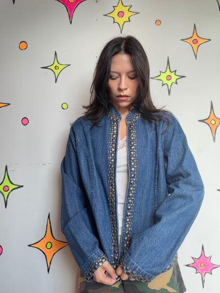 Y2K Beaded Denim Jacket | Embellished Rhinestone Indie Sleaze McBling Glam L