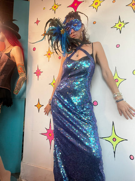 80s 90s Sparkling Blue Mermaid Gown Evening Dress Formal Prom Party Dress | ML