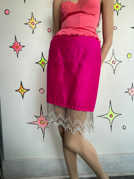 Johanne Beck Silk Luxe Hot Pink Skirt w Iridescent Beaded Fringe Flapper Glam S