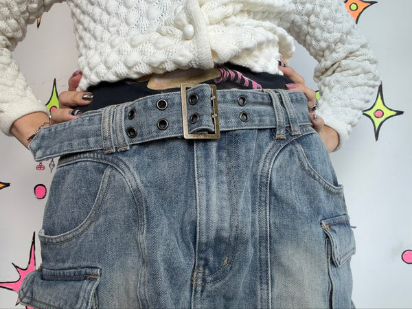 Y2K Denim Utility Mini Skirt - Cyber Grunge Mall Goth Indie Sleaze Alt Girl M