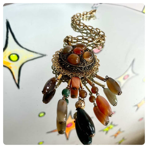 Vintage 60s 70s | Gold Plated Filigree Mixed Agate Talisman Pendant Necklace