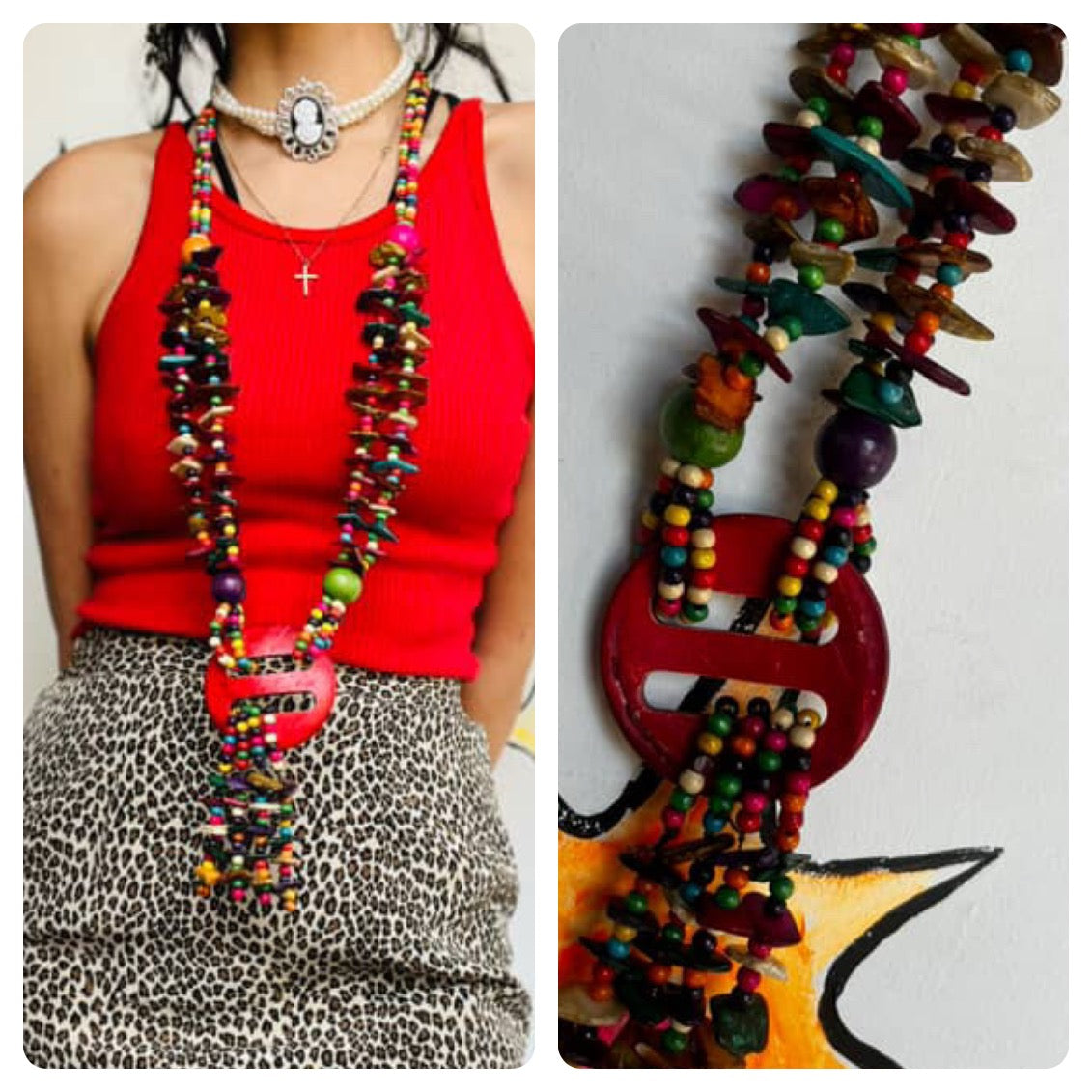 Vintage Boho Rainbow Wood & Coconut Shell Statement Necklace - Chunky Earthy