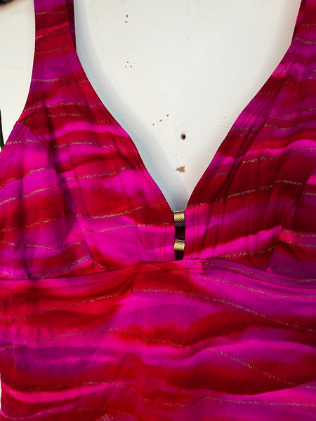 Vintage 90s Hot Pink & Gold Swimsuit One Piece High Cut Retro Neon / Bodysuit ML
