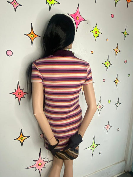 Purple Stripe Ribbed Polo Dress 90s Style Retro Preppy Fairy Grunge Mini Dress M
