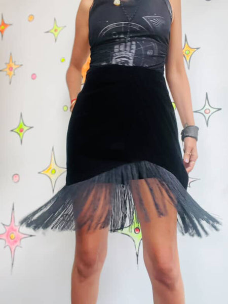 Y2K Meets 20s Black Velvet Fringe Skirt - Flapper Goth Whimsy - ZARA Size S
