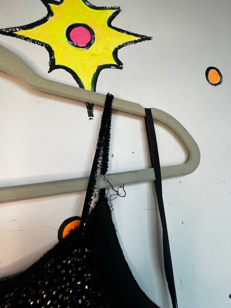 Vintage Black Silk Beaded Gown Glam Old Hollywood Formal Evening Dress M