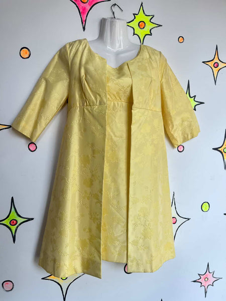 Vintage 1960s MOD Yellow Satin 2-Piece Mini Dress Set - Handmade Formal XS