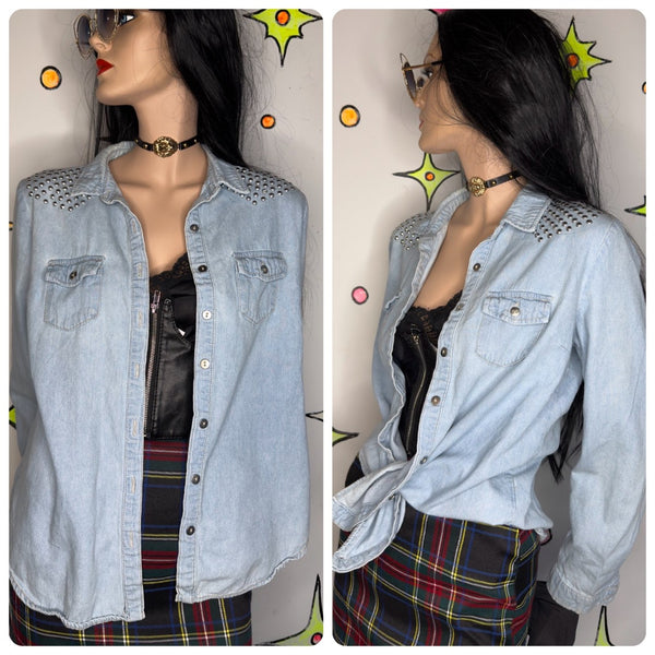 Studded Denim Western Shirt Y2K Cowgirl Rodeo Grunge Button Down - Large